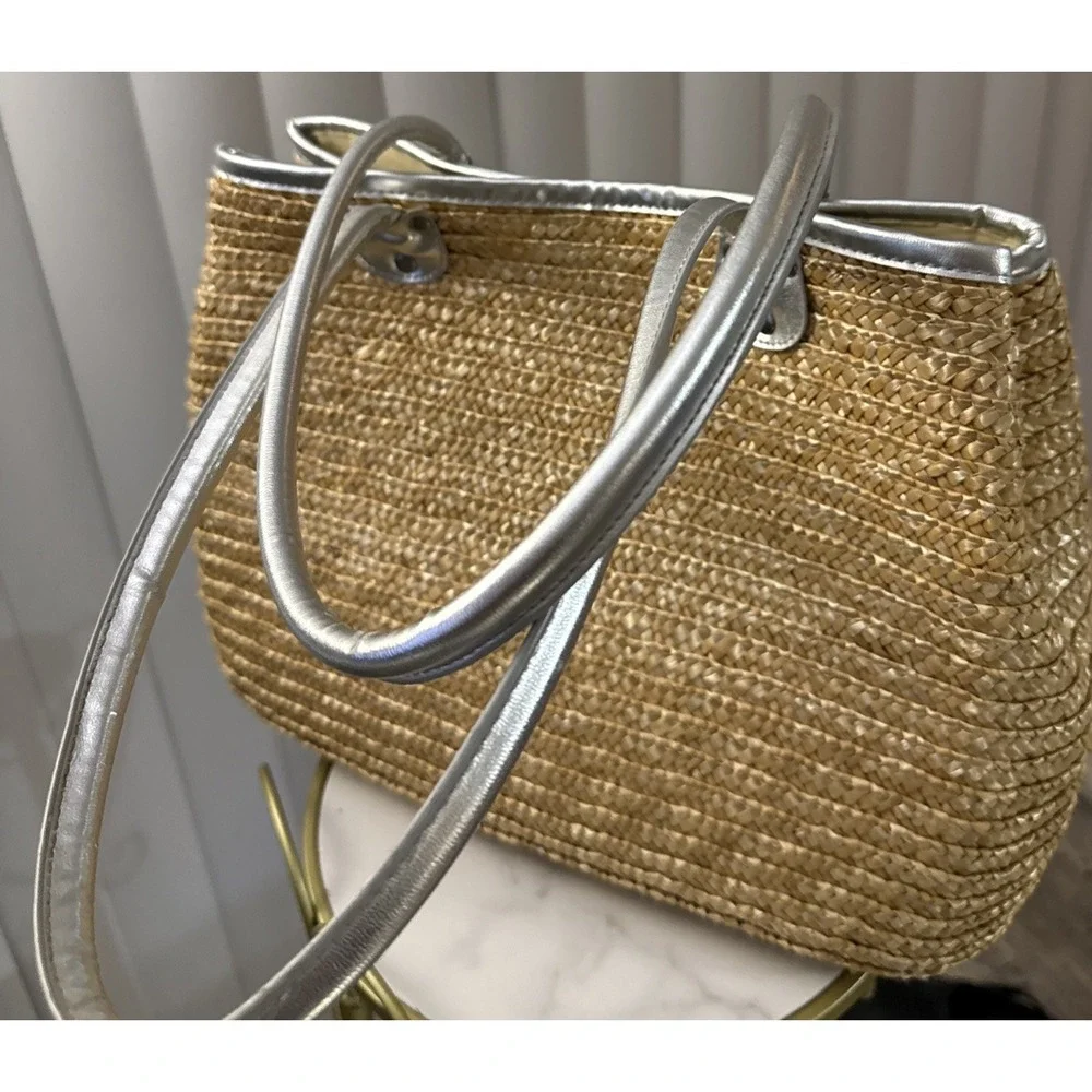 Hand Woven Straw Tote Handbag Beach Purse Silver  Trim Large Tote